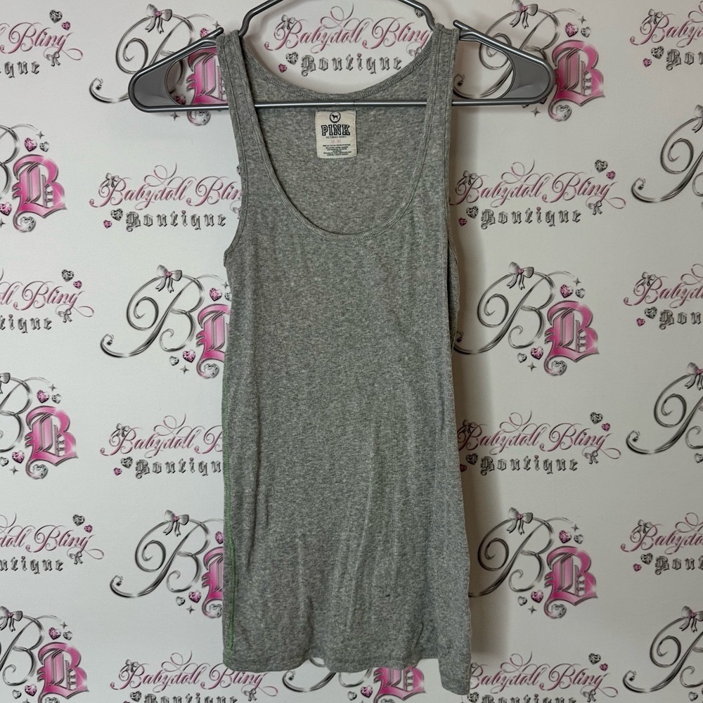 Victoria's Secret pink Heather Gray Tank Top lime green stitching 🧵 grey shirt